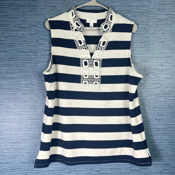 Charter Club Striped lace top navy & white XXL - Picture 1 of 6